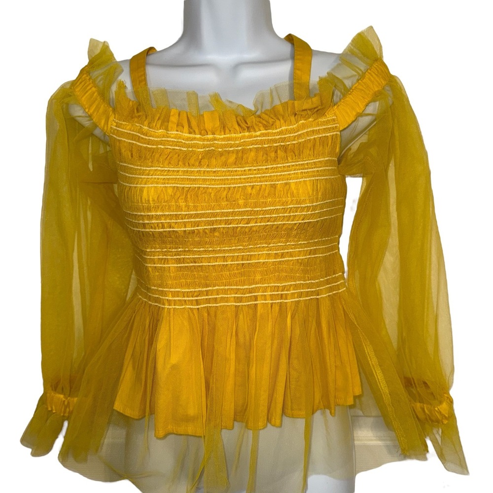 IRIS Bright Lemon Yellow Smocked Cold Shoulder Tulle Puff Sleeve Peplum Top M - Picture 2 of 8